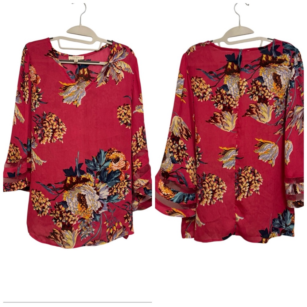 Umgee Hot Pink Floral Bell Sleeve Blouse XL - Picture 4 of 7